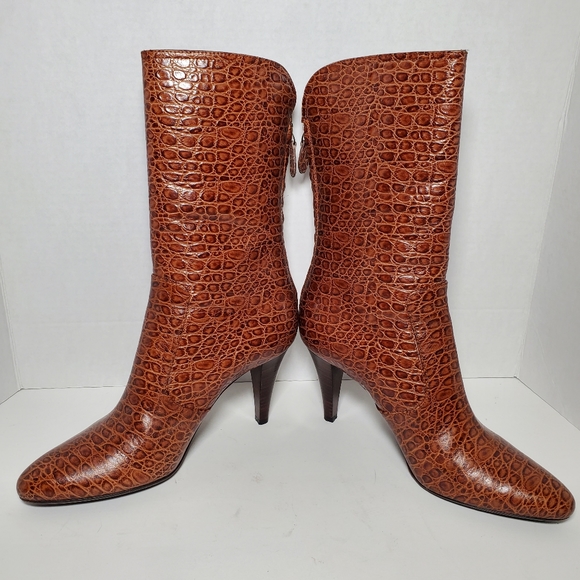 Cole Haan Nydia Cognac Crocodile Style Boots Heeled Zipper - Picture 4 of 11